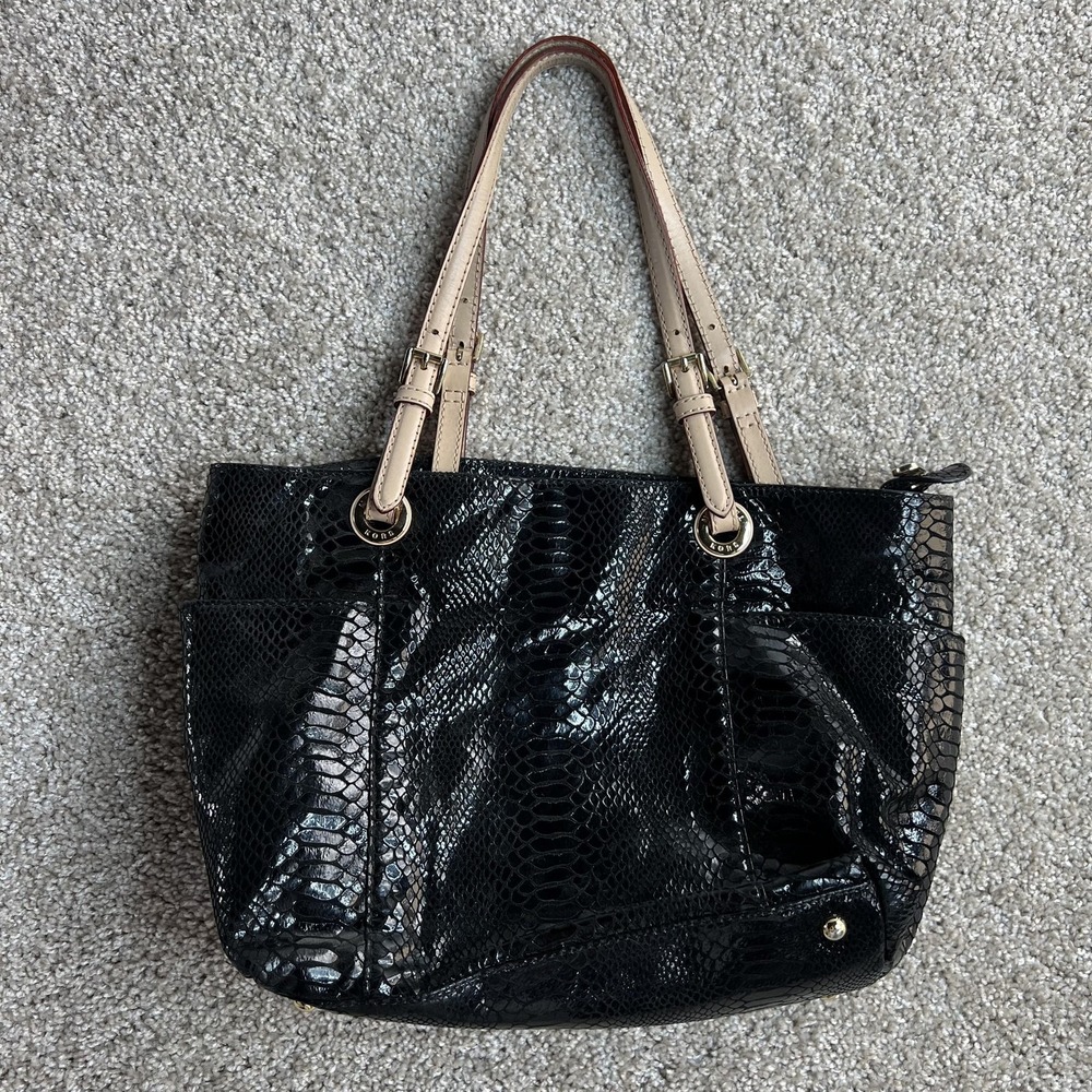Michael Kors Tote Bag Womens Medium Black Faux Leather Snakeskin Zip‎ Shoulder